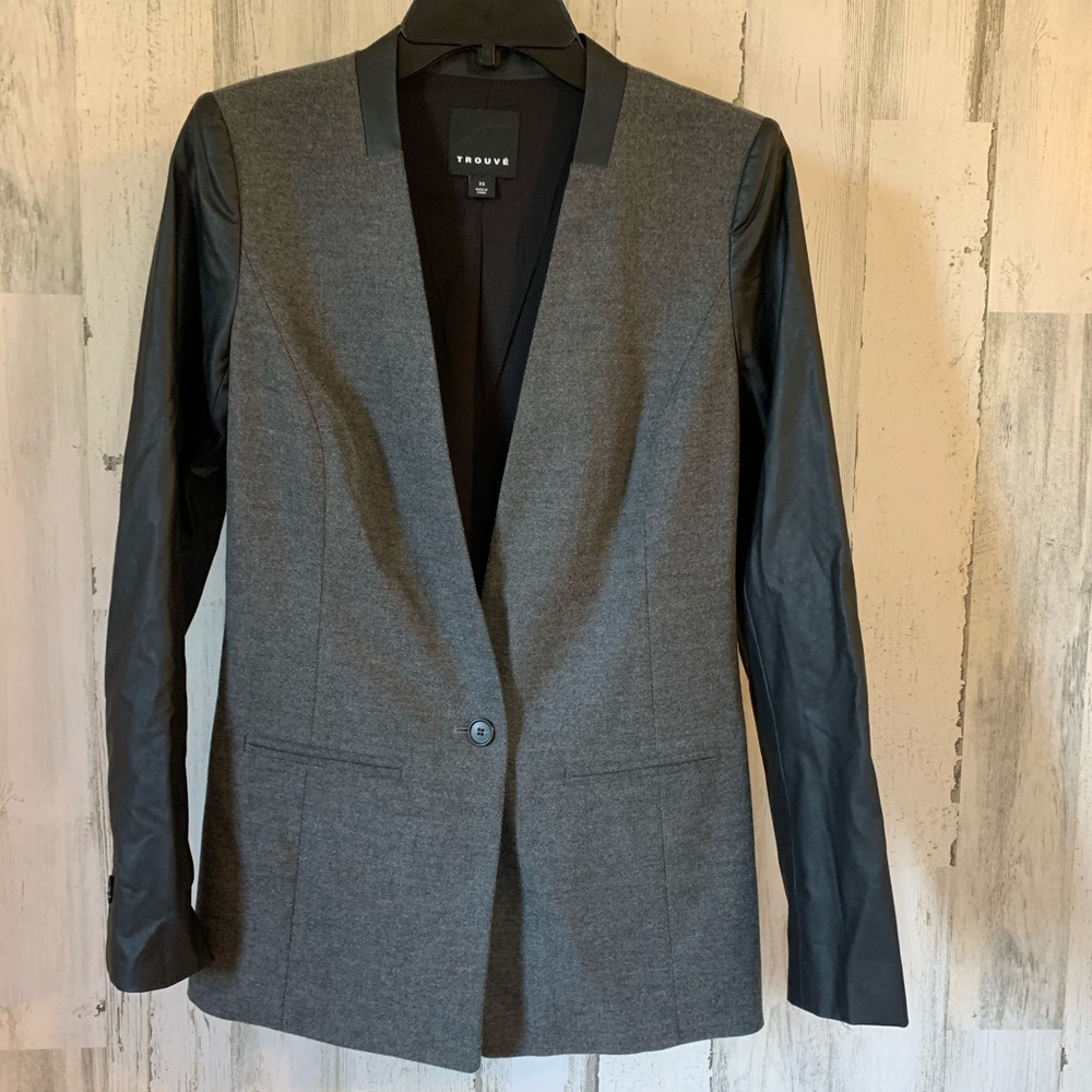 Trouve Grey Blazer w/black faux leather sleeves XS